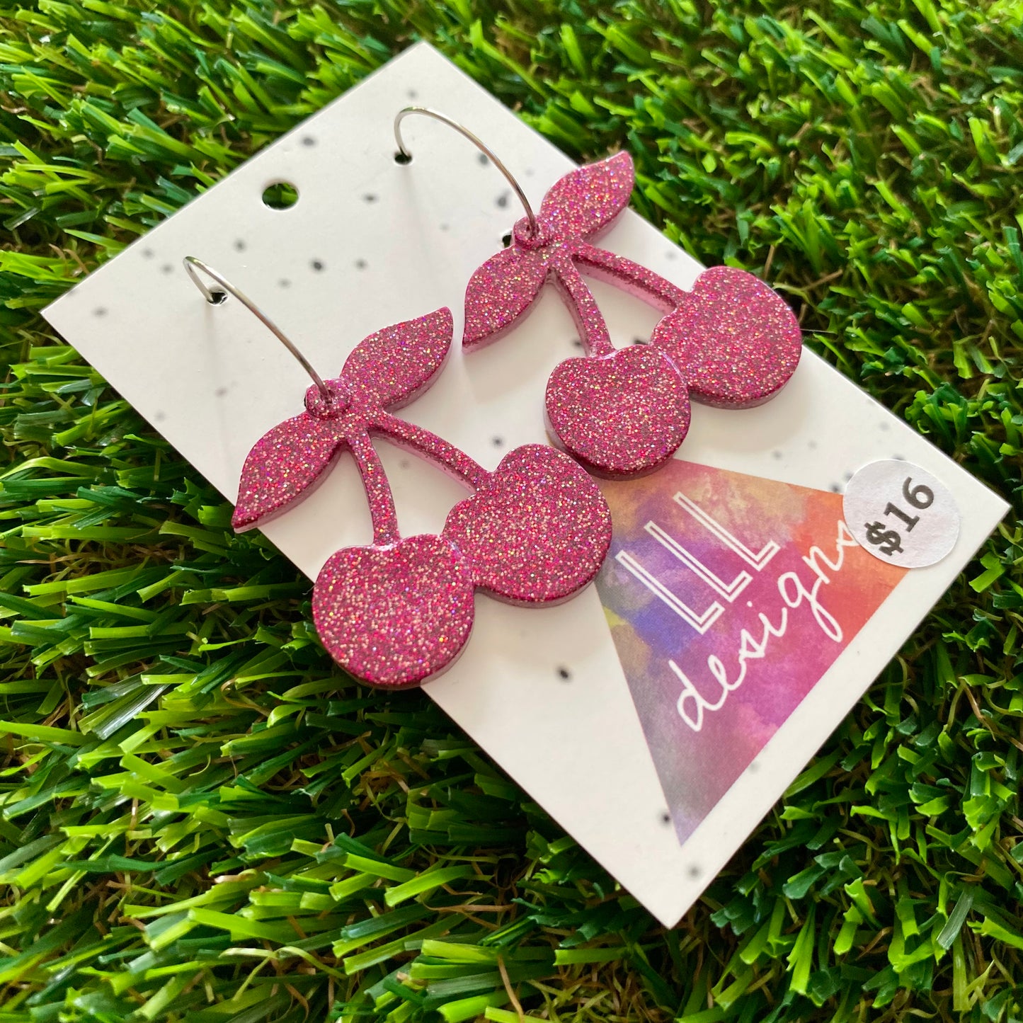 ON SALE!!!!!! Resin Earrings - Pink Glitter Cherries Featuring a Silver Hoop!