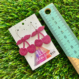 Resin Earrings - Pink Glitter Cherries Featuring a Silver Hoop!