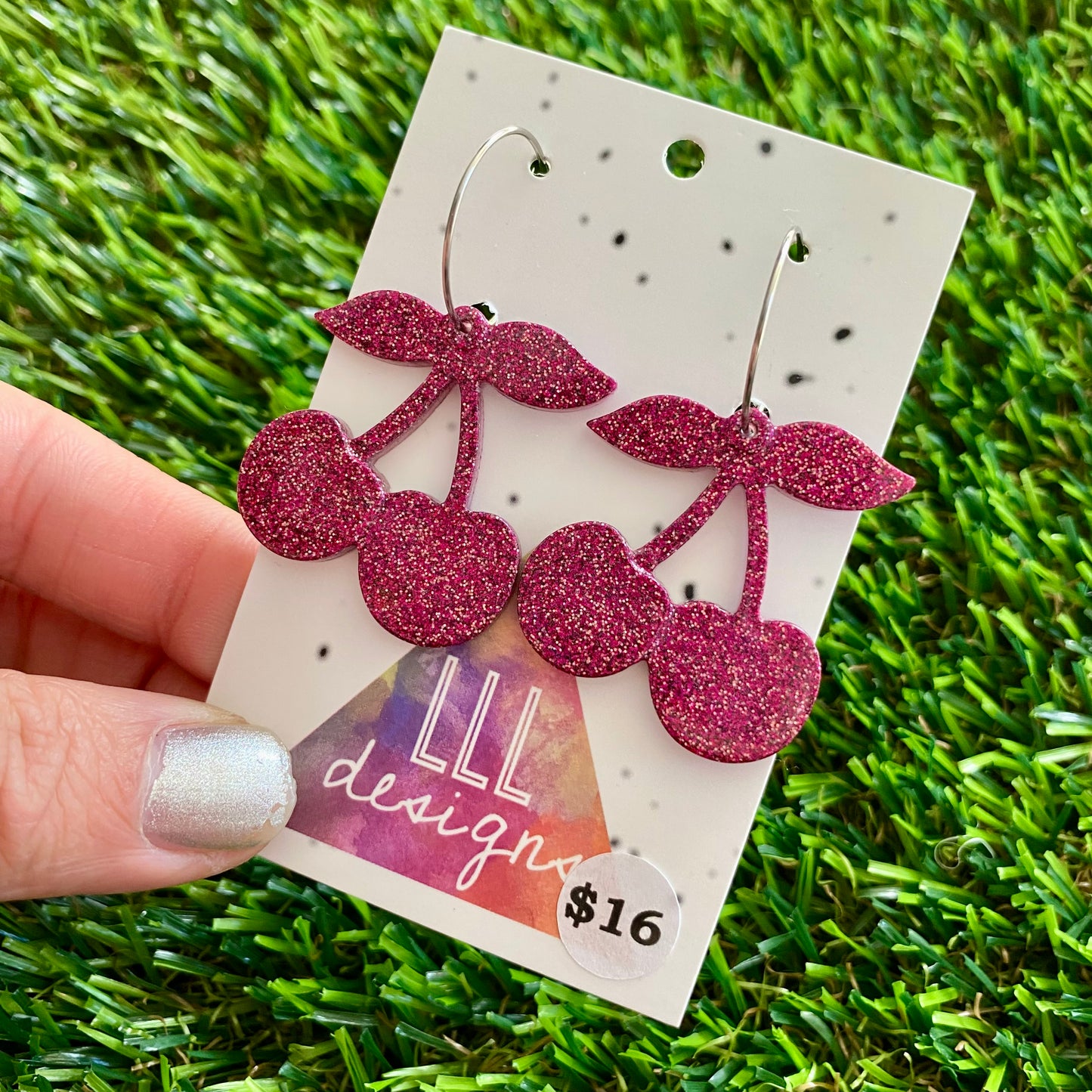 ON SALE!!!!!! Resin Earrings - Pink Glitter Cherries Featuring a Silver Hoop!