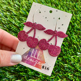 Resin Earrings - Pink Glitter Cherries Featuring a Silver Hoop!