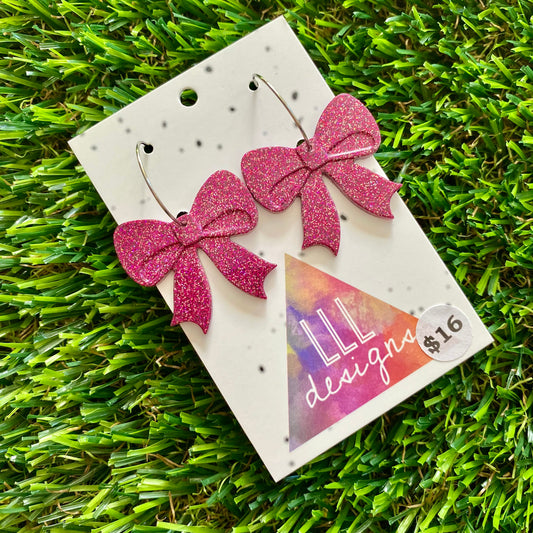ON SALE!!!!!! Resin Earrings - Pink Glitter Bows Featuring a Silver Hoop!