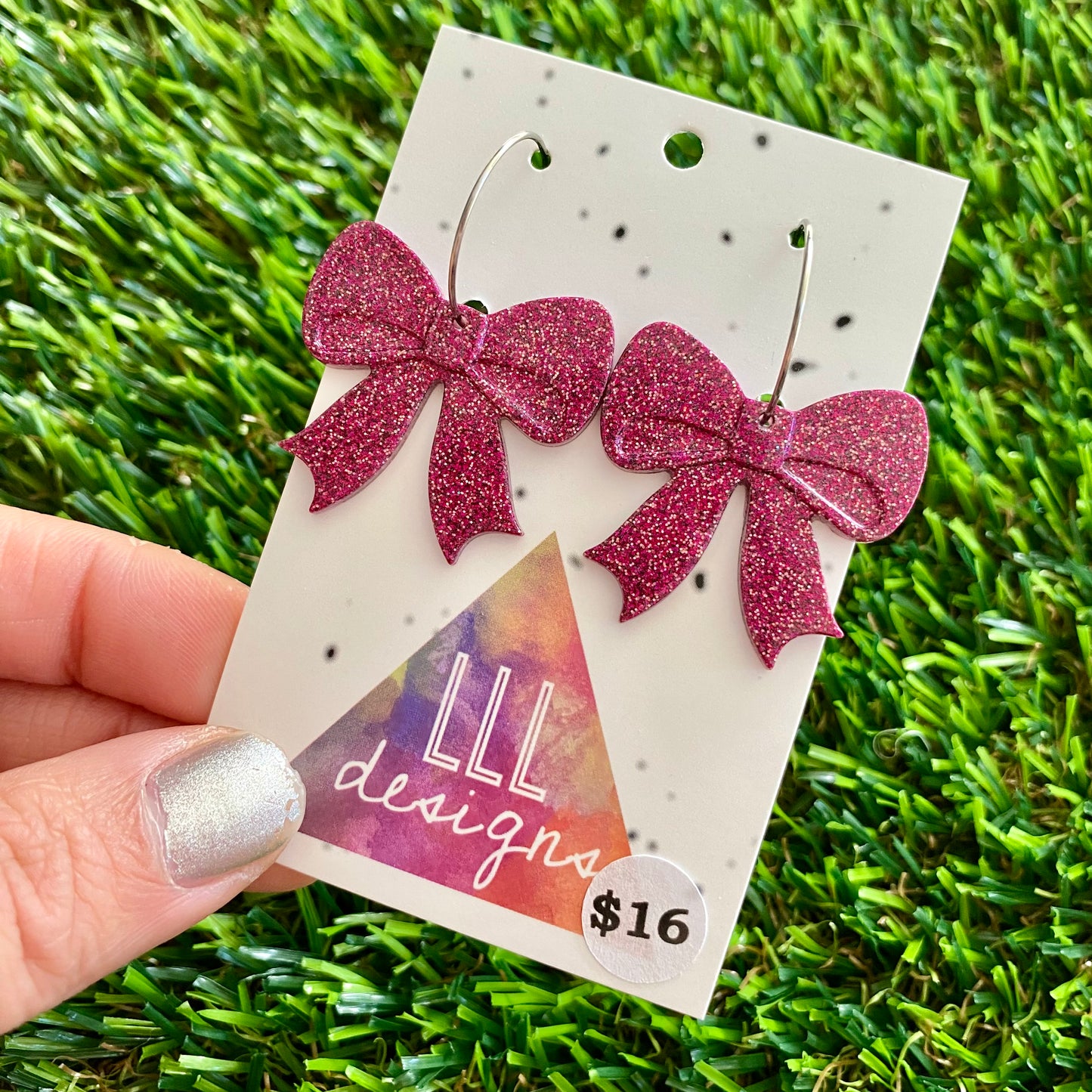ON SALE!!!!!! Resin Earrings - Pink Glitter Bows Featuring a Silver Hoop!