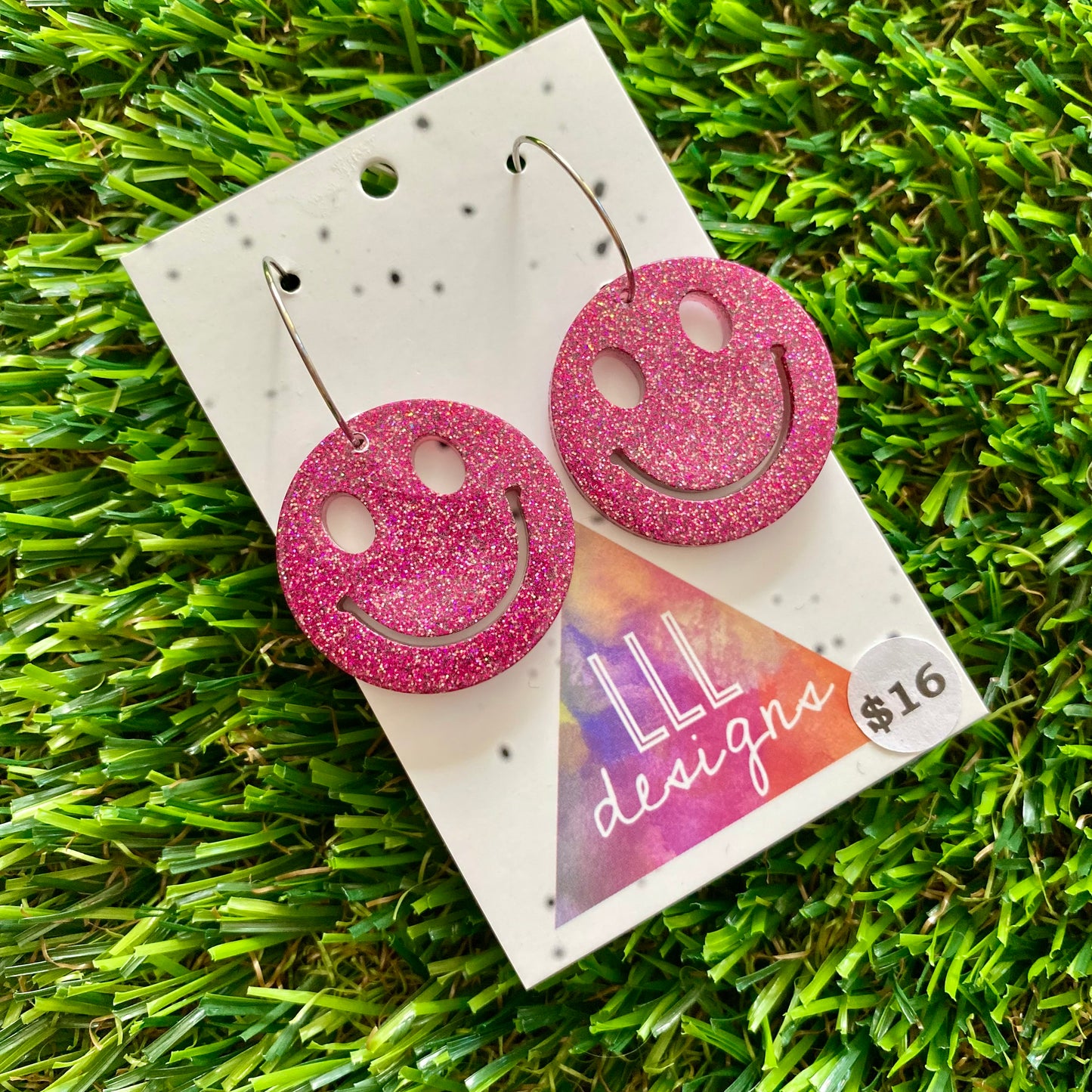 ON SALE!!!!!!  Resin Earrings - Pink Glitter Smiley Featuring a Silver Hoop!