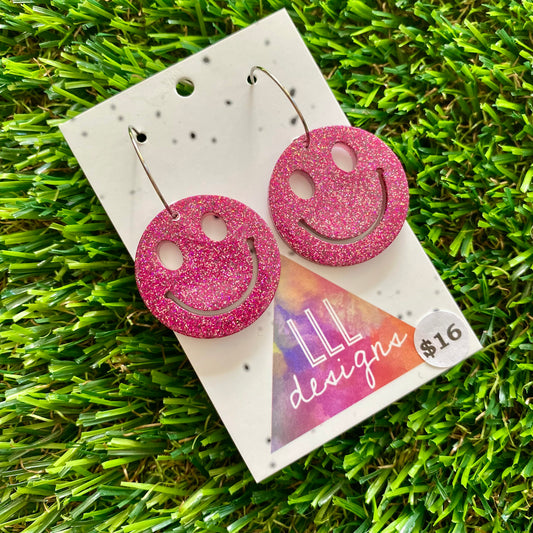 ON SALE!!!!!!  Resin Earrings - Pink Glitter Smiley Featuring a Silver Hoop!