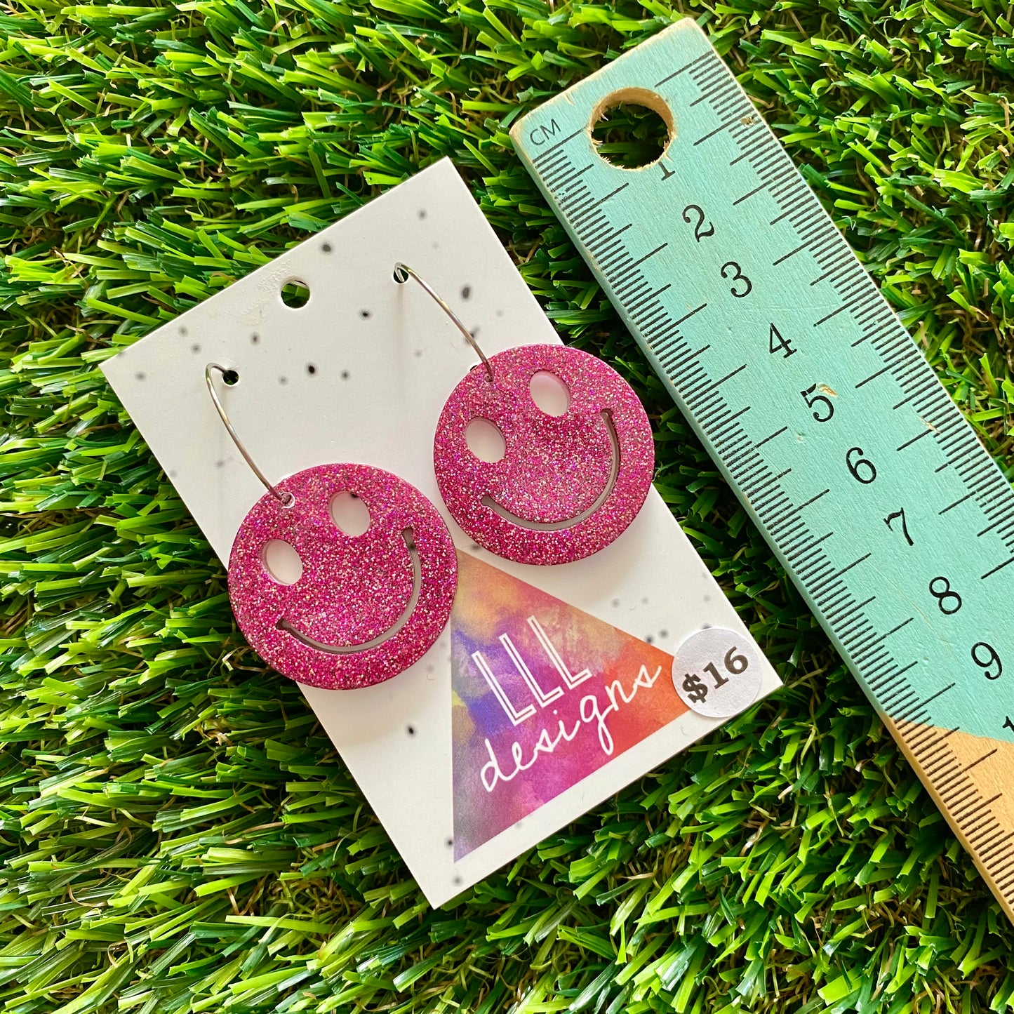 ON SALE!!!!!!  Resin Earrings - Pink Glitter Smiley Featuring a Silver Hoop!