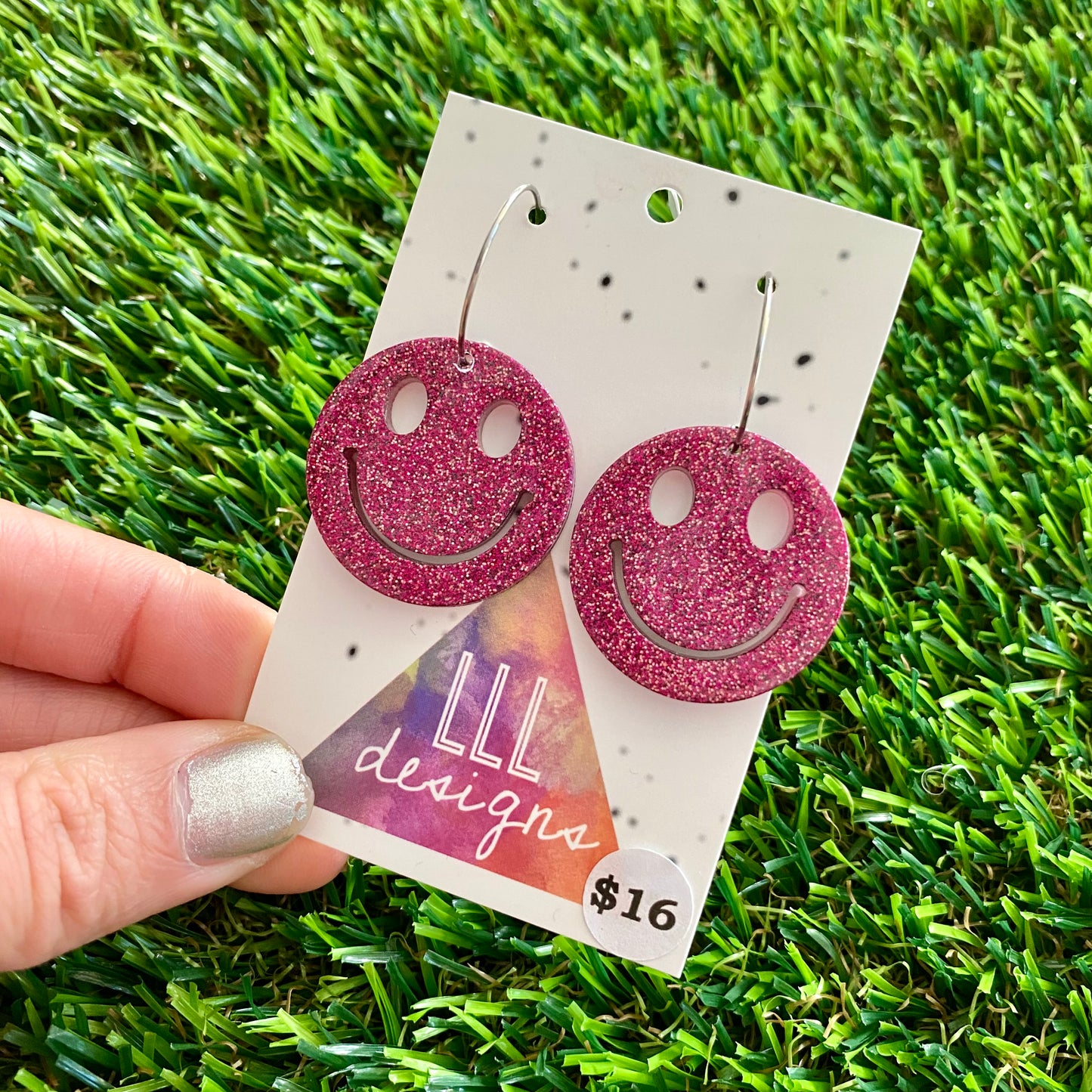 ON SALE!!!!!!  Resin Earrings - Pink Glitter Smiley Featuring a Silver Hoop!