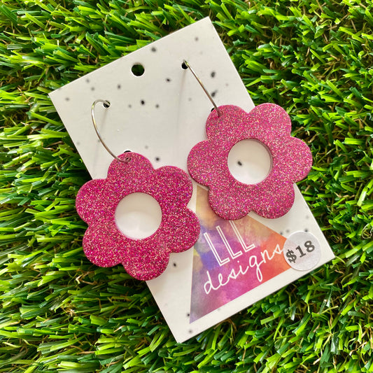 ON SALE!!!!!! Resin Earrings - Pink Glitter Daisies Featuring a Silver Hoop!