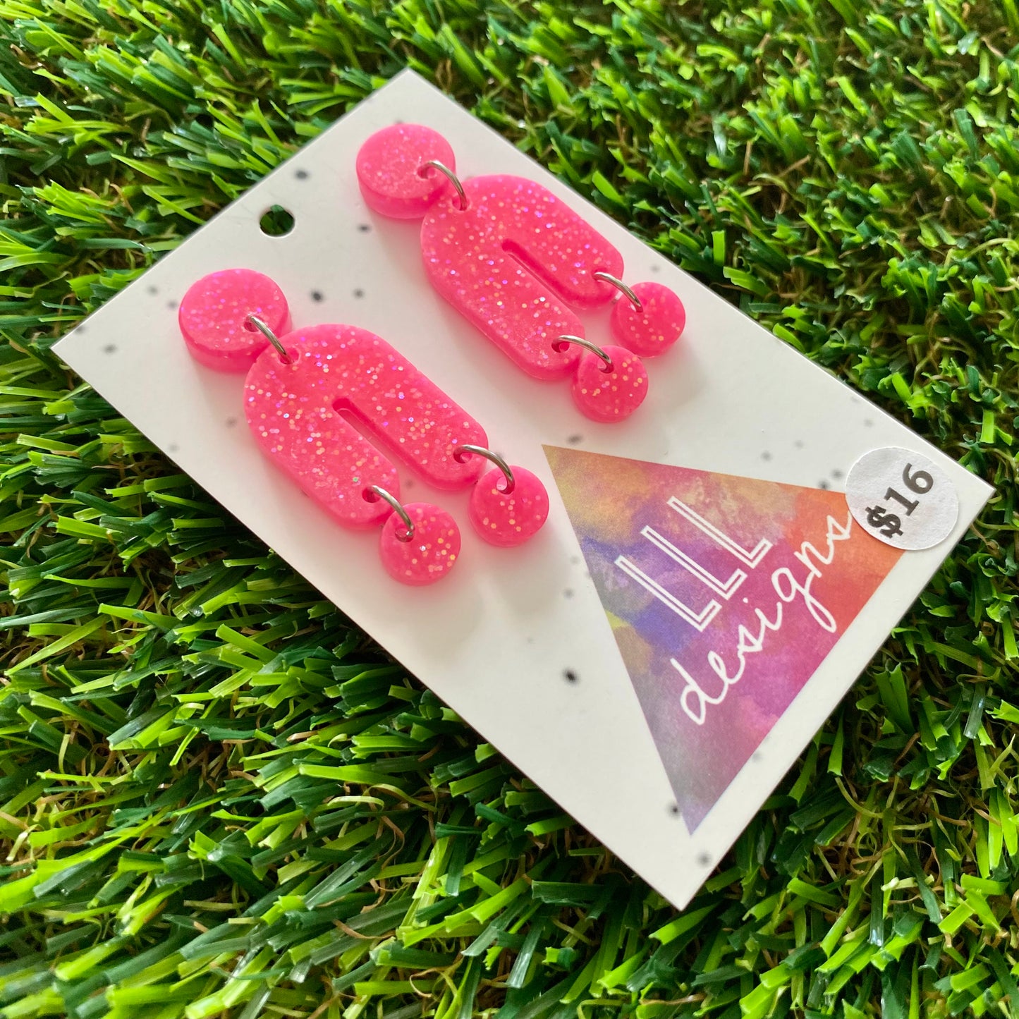 ON SALE!!!!!!  Resin Earrings - Neon Glitter Pink Balancing Act!