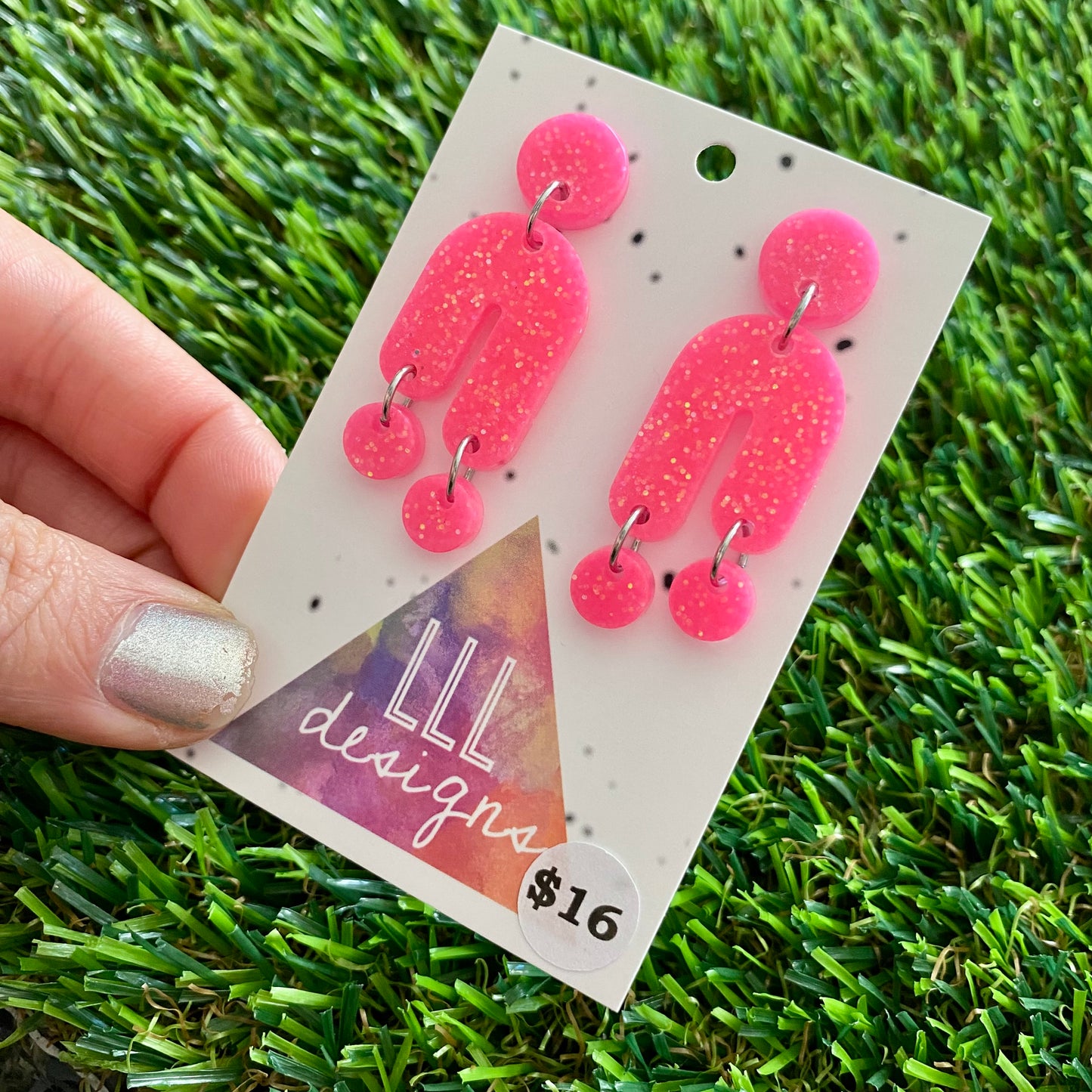 ON SALE!!!!!!  Resin Earrings - Neon Glitter Pink Balancing Act!