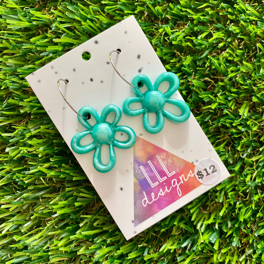 ON SALE!!!!!!  Resin Earrings - Teal Outlined Daisy Hoops!
