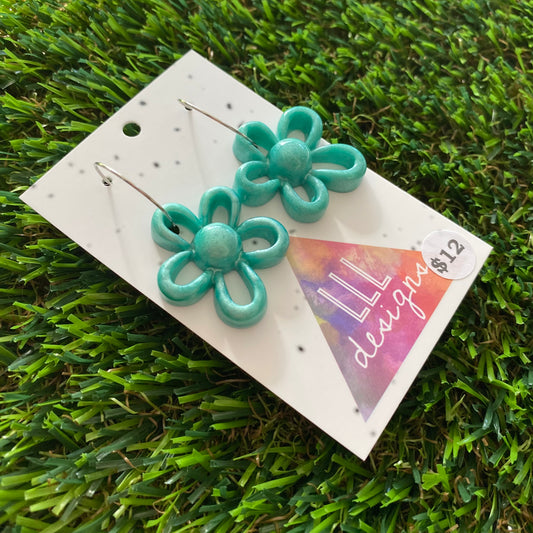 ON SALE!!!!!!  Resin Earrings - Teal Outlined Daisy Hoops!