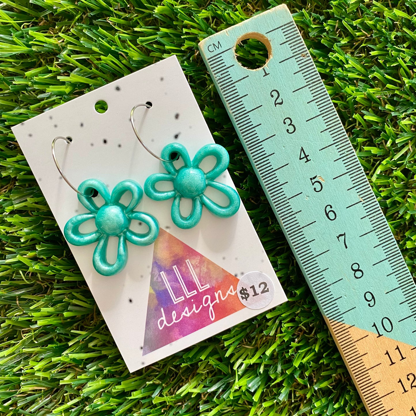 ON SALE!!!!!!  Resin Earrings - Teal Outlined Daisy Hoops!