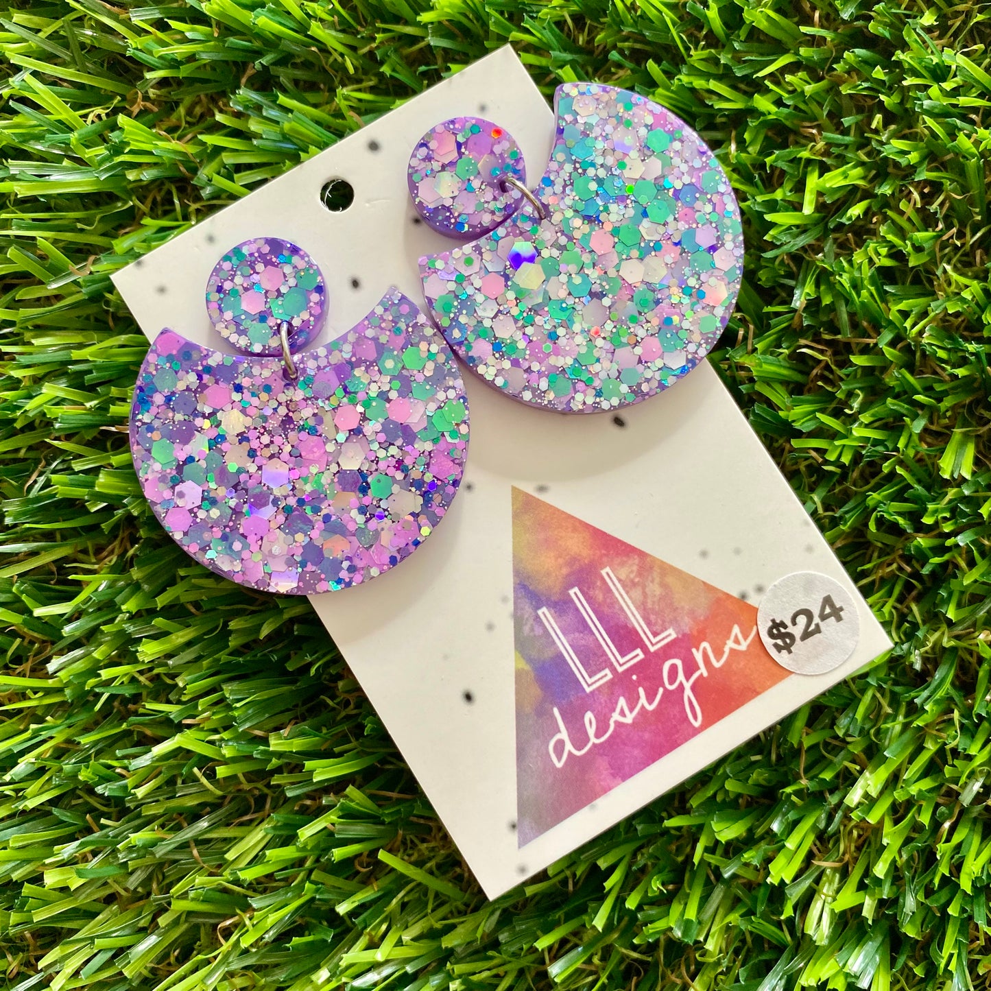 ON SALE!!!! Resin Earrings - Purple Multi Glitter Crescent Dangles!