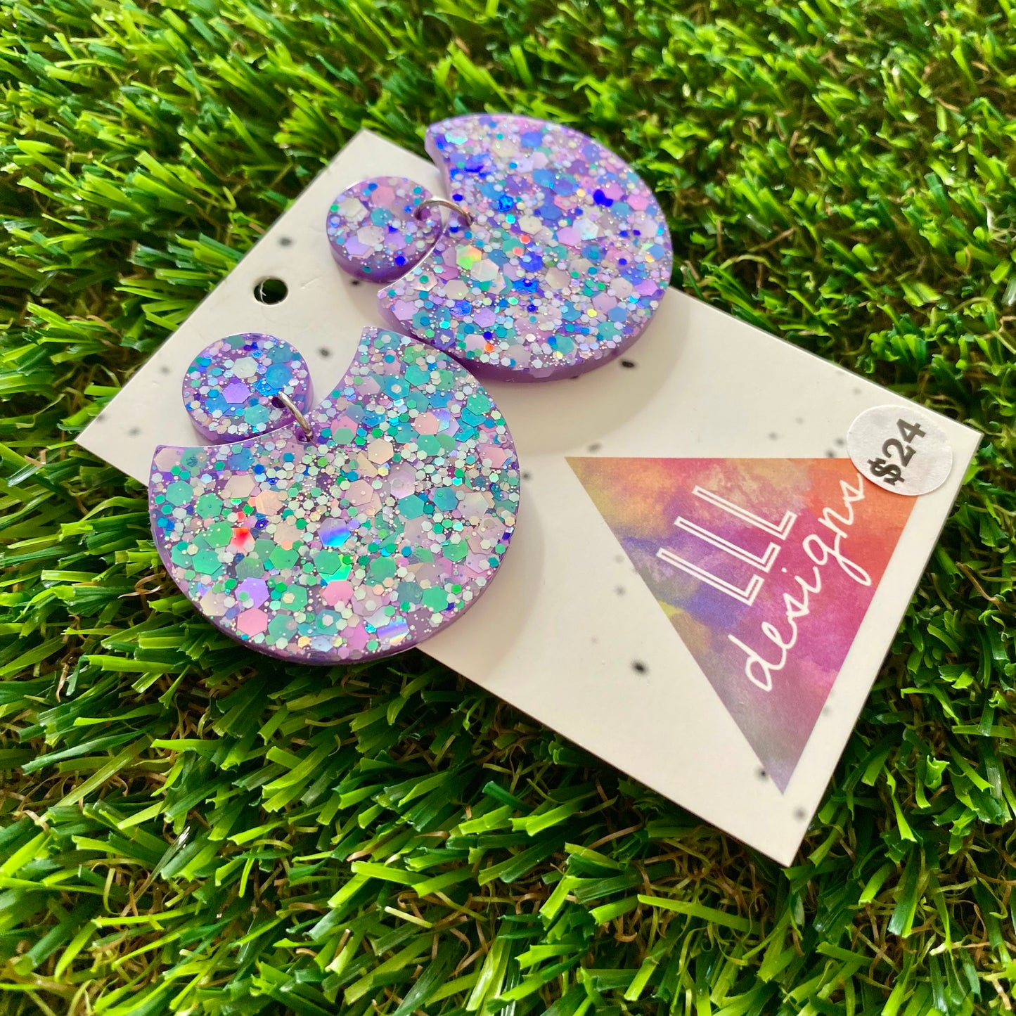 ON SALE!!!! Resin Earrings - Purple Multi Glitter Crescent Dangles!