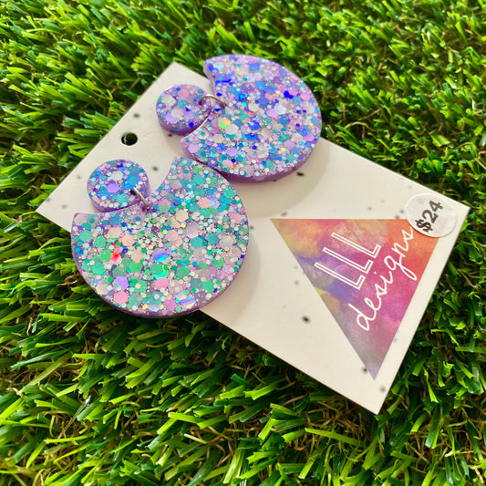 ON SALE!!!! Resin Earrings - Purple Multi Glitter Crescent Dangles!