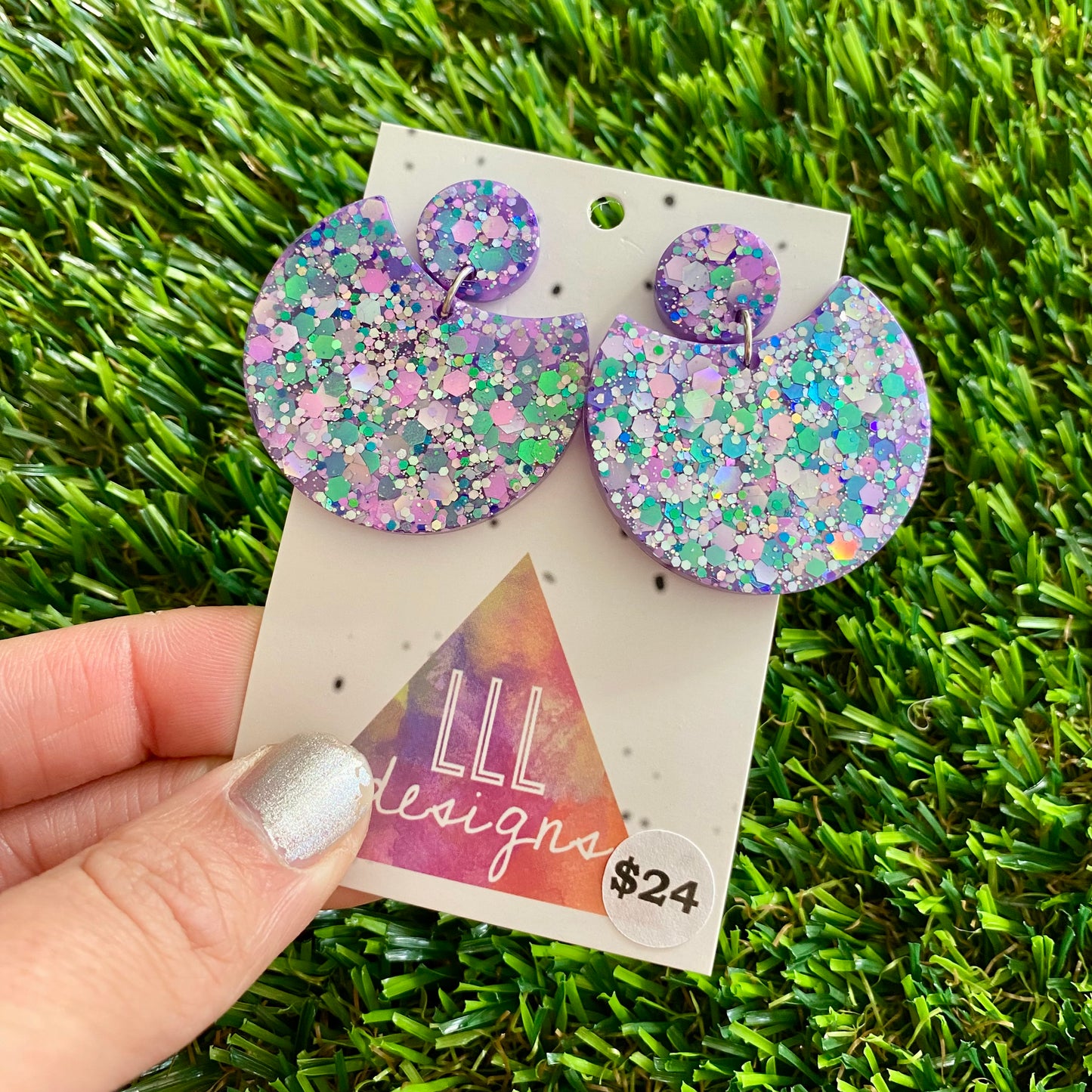 ON SALE!!!! Resin Earrings - Purple Multi Glitter Crescent Dangles!