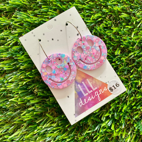 Resin Earrings - Purple Multi Glitter Smiley Faces Featuring Silver Hoops!