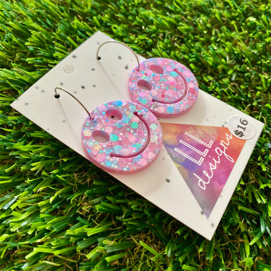 ON SALE!!!! Resin Earrings - Purple Multi Glitter Smiley Faces Featuring Silver Hoops!