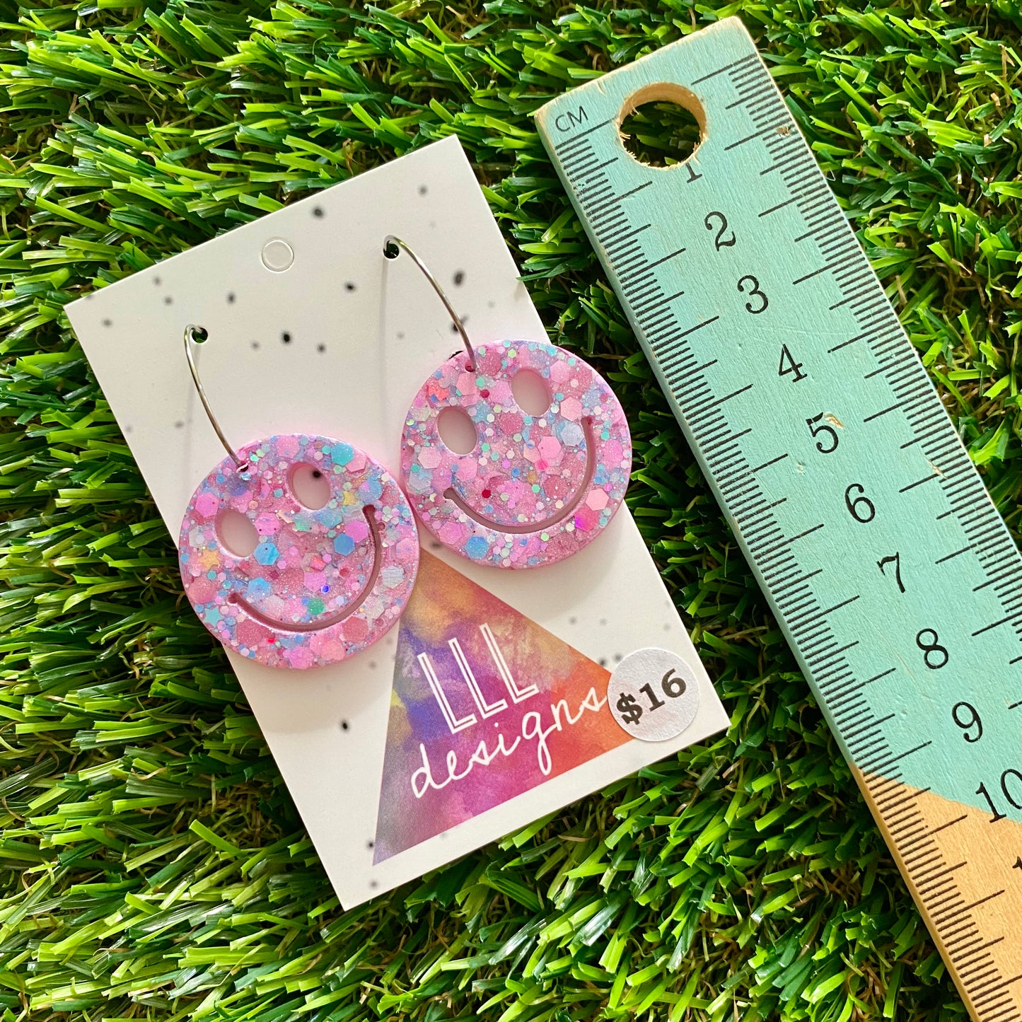 ON SALE!!!! Resin Earrings - Purple Multi Glitter Smiley Faces Featuring Silver Hoops!