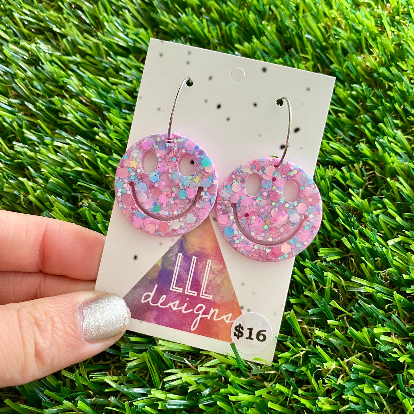 ON SALE!!!! Resin Earrings - Purple Multi Glitter Smiley Faces Featuring Silver Hoops!