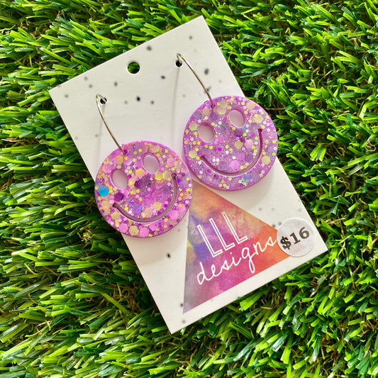 ON SALE!!!! Resin Earrings - Purple and Yellow Confetti Smiley Faces Featuring Silver Hoops!