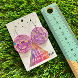 Resin Earrings - Purple and Yellow Confetti Smiley Faces Featuring Silver Hoops!