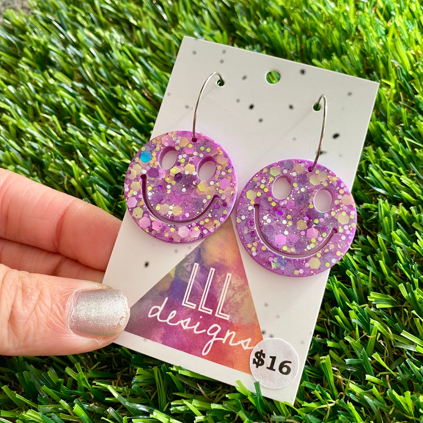 ON SALE!!!! Resin Earrings - Purple and Yellow Confetti Smiley Faces Featuring Silver Hoops!