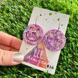 Resin Earrings - Purple and Yellow Confetti Smiley Faces Featuring Silver Hoops!