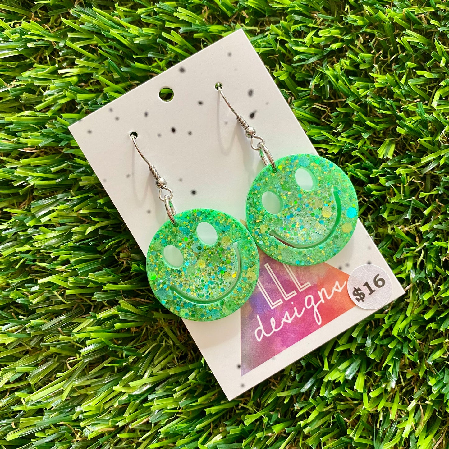 ON SALE!!!! Resin Earrings - Green and Blue Confetti Smiley Faces Featuring a Hook Top!