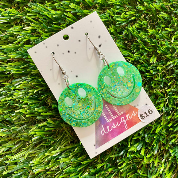 Resin Earrings - Green and Blue Confetti Smiley Faces Featuring a Hook Top!