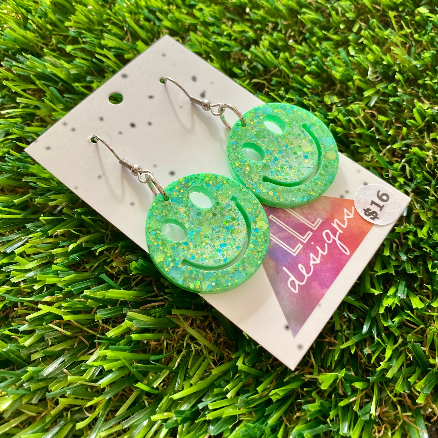 ON SALE!!!! Resin Earrings - Green and Blue Confetti Smiley Faces Featuring a Hook Top!
