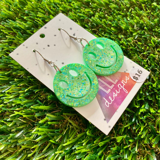 ON SALE!!!! Resin Earrings - Green and Blue Confetti Smiley Faces Featuring a Hook Top!