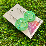 Resin Earrings - Green and Blue Confetti Smiley Faces Featuring a Hook Top!