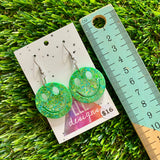 Resin Earrings - Green and Blue Confetti Smiley Faces Featuring a Hook Top!