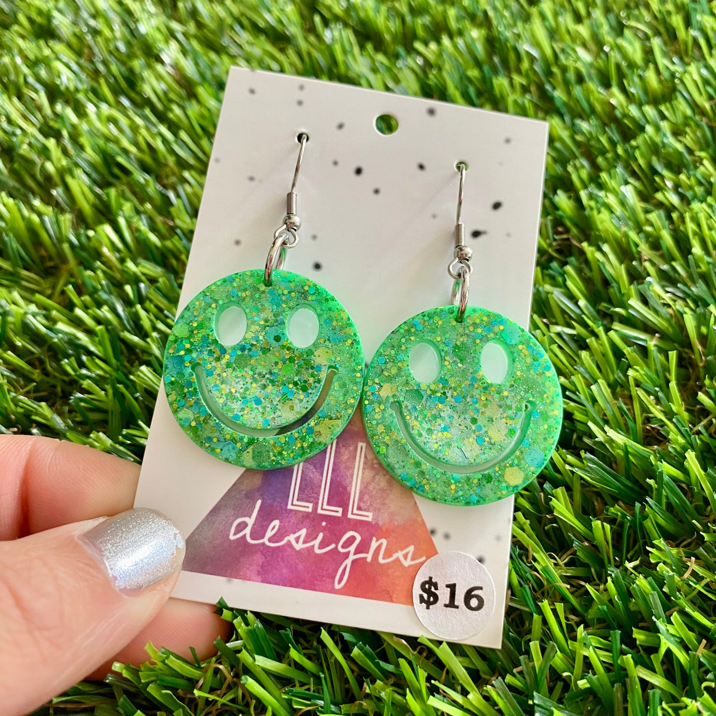 ON SALE!!!! Resin Earrings - Green and Blue Confetti Smiley Faces Featuring a Hook Top!