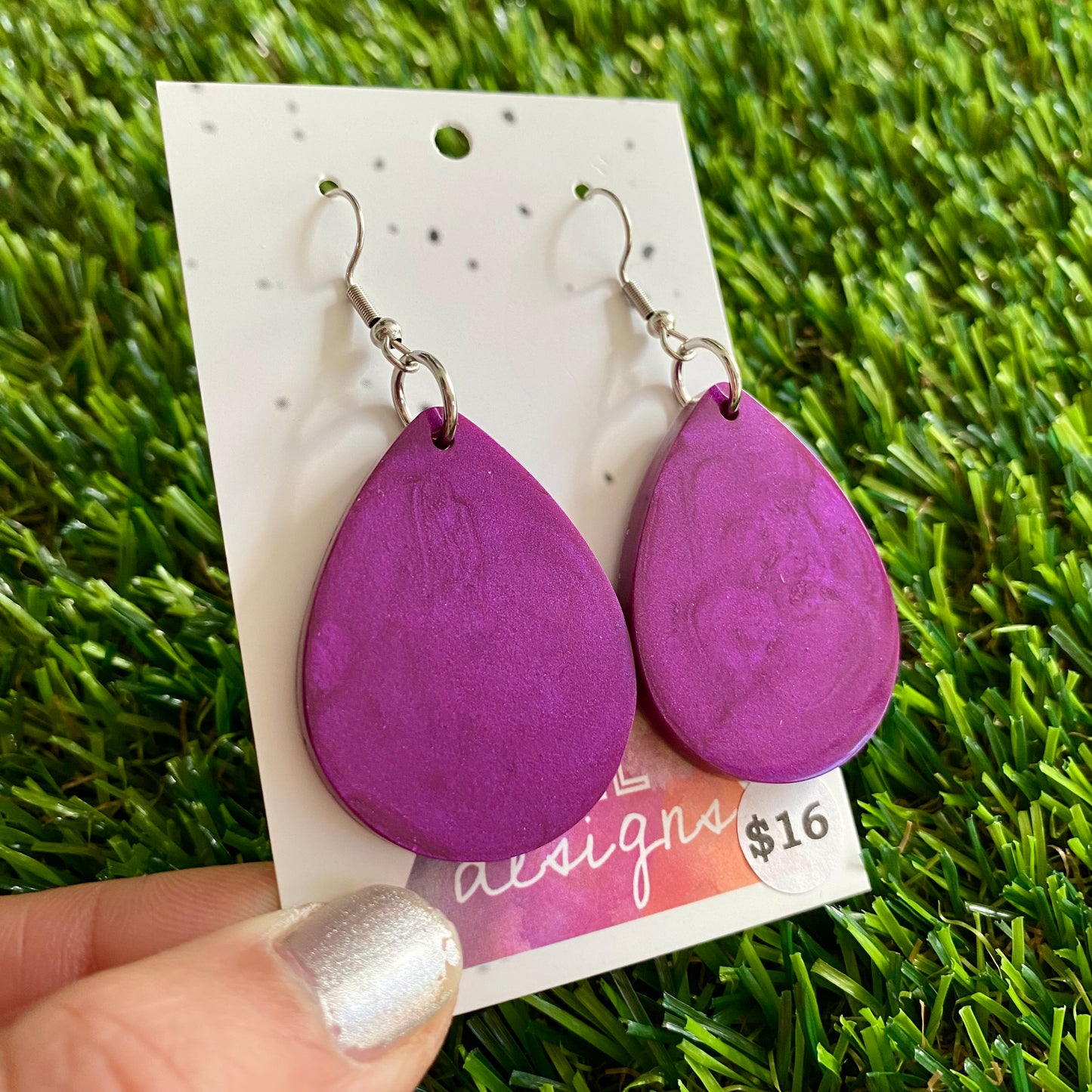ON SALE!!!! Resin Earrings - Purple Large Drops Featuring Silver a Hook Top!