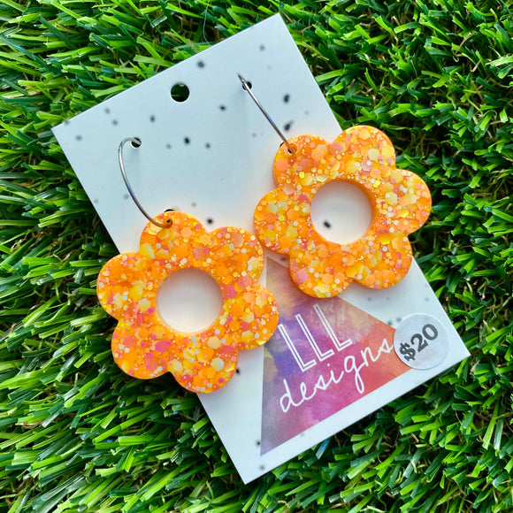 Resin Earrings - Orange Multi Glitter Daisies Featuring Silver Hoops!