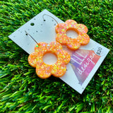 Resin Earrings - Orange Multi Glitter Daisies Featuring Silver Hoops!