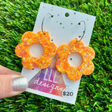 Resin Earrings - Orange Multi Glitter Daisies Featuring Silver Hoops!