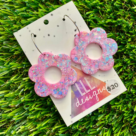 ON SALE!!!! Resin Earrings - Pastel Pink and Blue Confetti Daisies Featuring Silver Hoops!