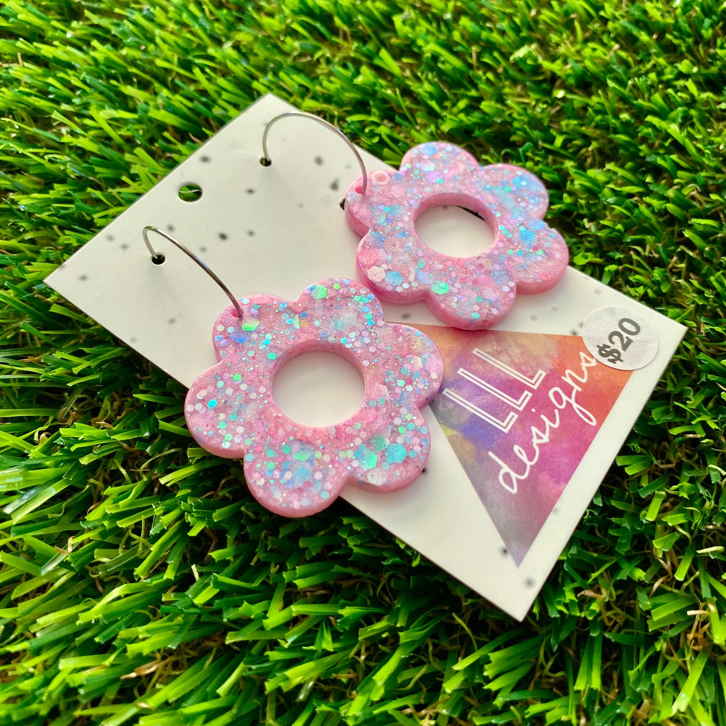 ON SALE!!!! Resin Earrings - Pastel Pink and Blue Confetti Daisies Featuring Silver Hoops!