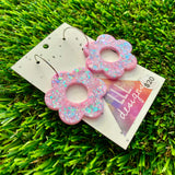 Resin Earrings - Pastel Pink and Blue Confetti Daisies Featuring Silver Hoops!