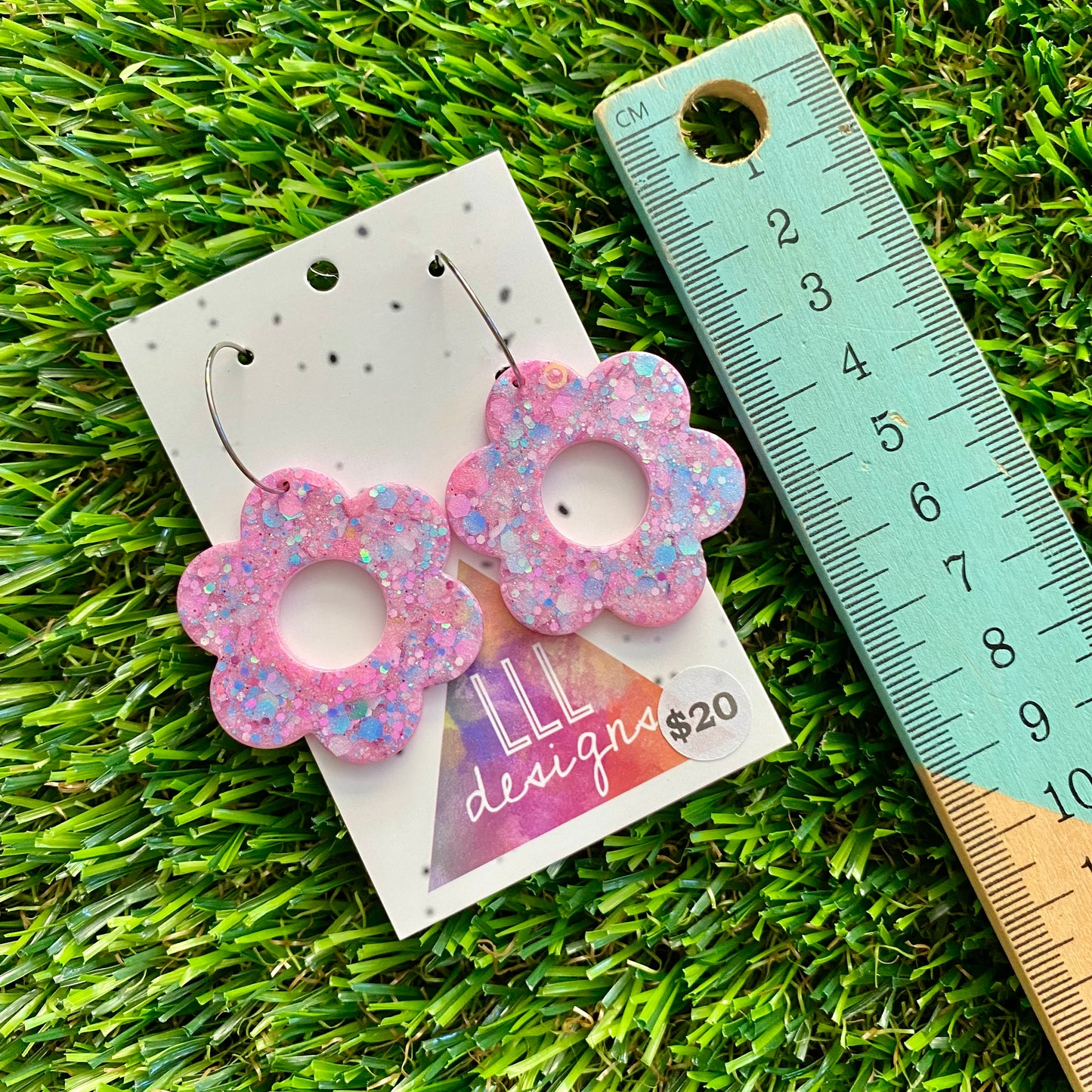 ON SALE!!!! Resin Earrings - Pastel Pink and Blue Confetti Daisies Featuring Silver Hoops!