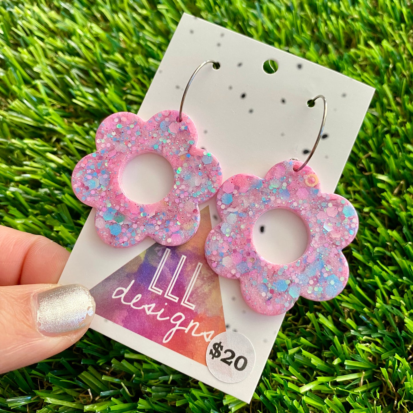ON SALE!!!! Resin Earrings - Pastel Pink and Blue Confetti Daisies Featuring Silver Hoops!