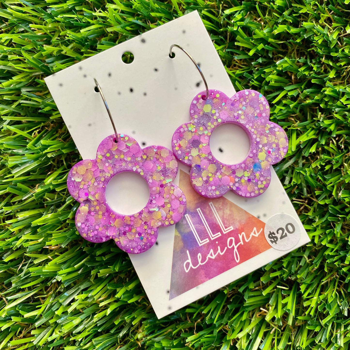 ON SALE!!!! Resin Earrings - Purple and Yellow Confetti Daisies Featuring Silver Hoops!&nbsp;