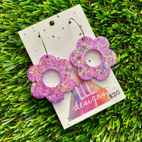 Resin Earrings - Purple and Yellow Confetti Daisies Featuring Silver Hoops! 