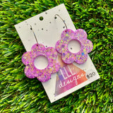 Resin Earrings - Purple and Yellow Confetti Daisies Featuring Silver Hoops!&nbsp;