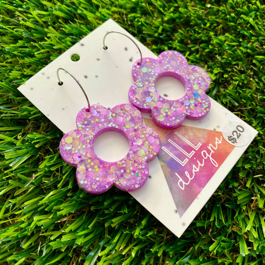 ON SALE!!!! Resin Earrings - Purple and Yellow Confetti Daisies Featuring Silver Hoops!&nbsp;