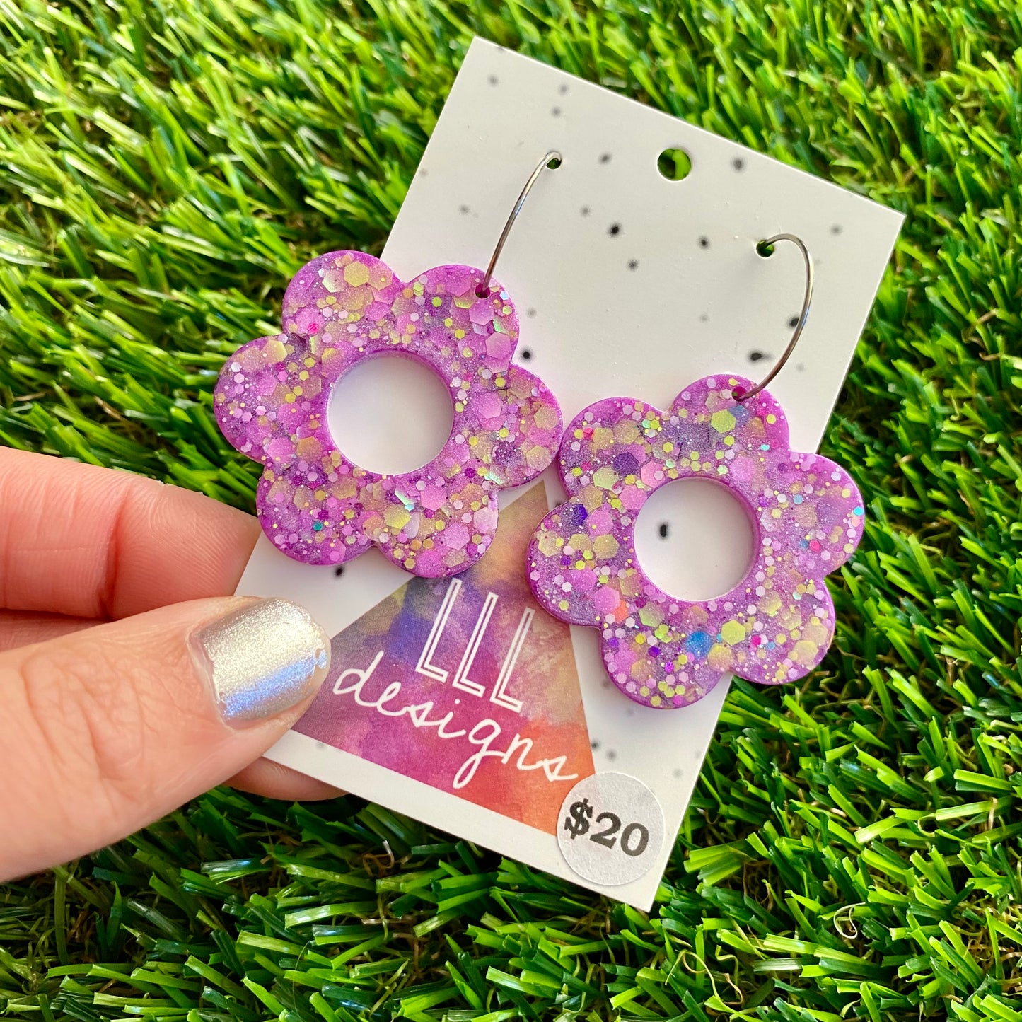 ON SALE!!!! Resin Earrings - Purple and Yellow Confetti Daisies Featuring Silver Hoops!&nbsp;