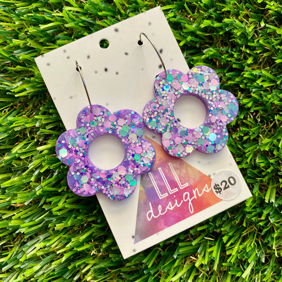 Resin Earrings - Purple Multi Glitter Daisies Featuring Silver Hoops!